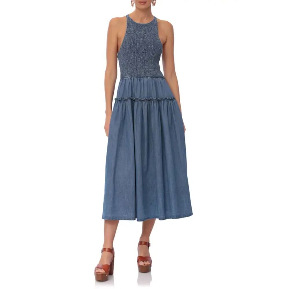 Avec Les Filles Smocked Bodice Chambray Midi Dress. Denim Dress. Size 8. NWT